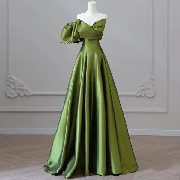 Vintage / Retro Clover Green Prom Dresses 2024 A-Line / Princess Zipper Up at Side One-Shoulder Short Sleeve Backless Sweep Train Prom Formal Dresses