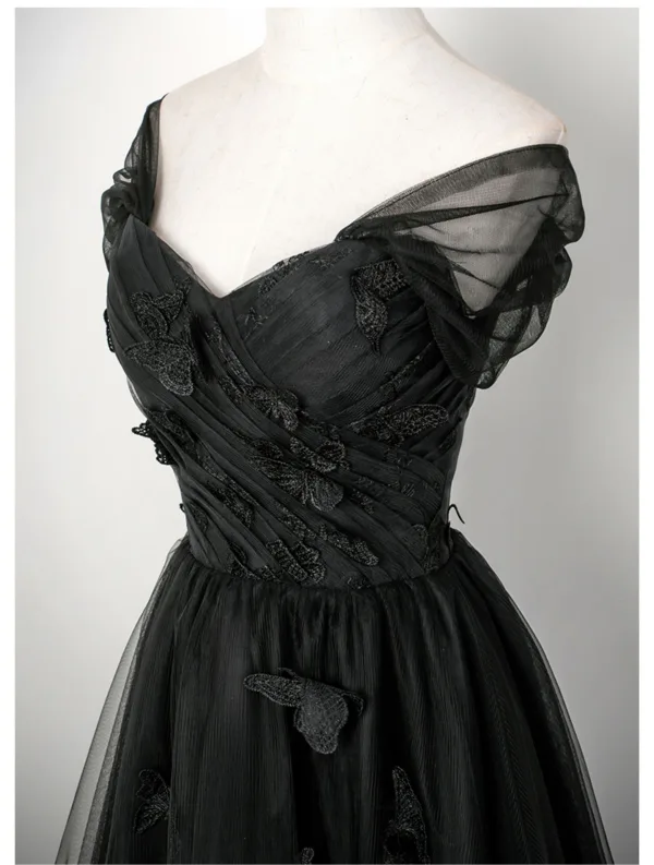 Vintage / Retro Black Lace Butterfly Prom Dresses 2025 A-Line / Princess Off-The-Shoulder Short Sleeve Backless Floor-Length / Long Prom Formal Dresses