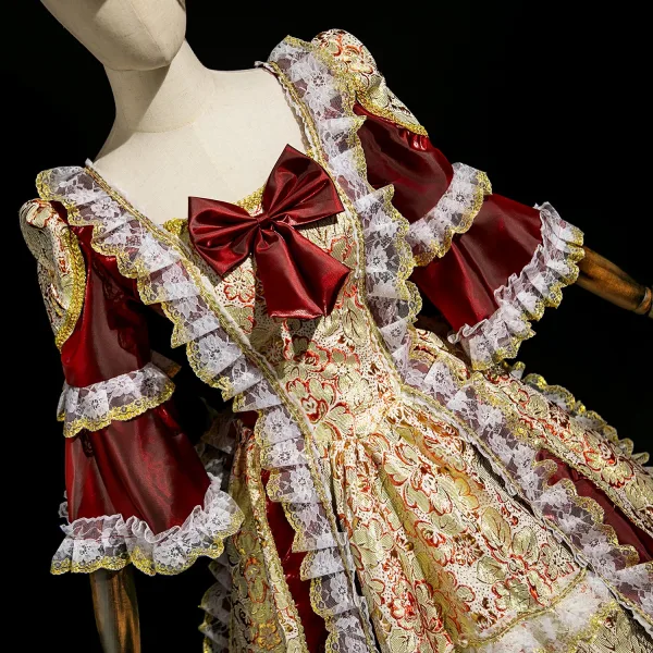 Vintage / Retro Medieval Burgundy Lace Flower Printing Bow Prom Dresses 2025 Ball Gown Square Neckline Bell sleeves Floor-Length / Long Formal Dresses