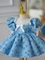 Chic / Beautiful Pool Blue Printing Birthday Short Flower Girl Dresses 2023 Ball Gown Scoop Neck Puffy Short Sleeve Bow