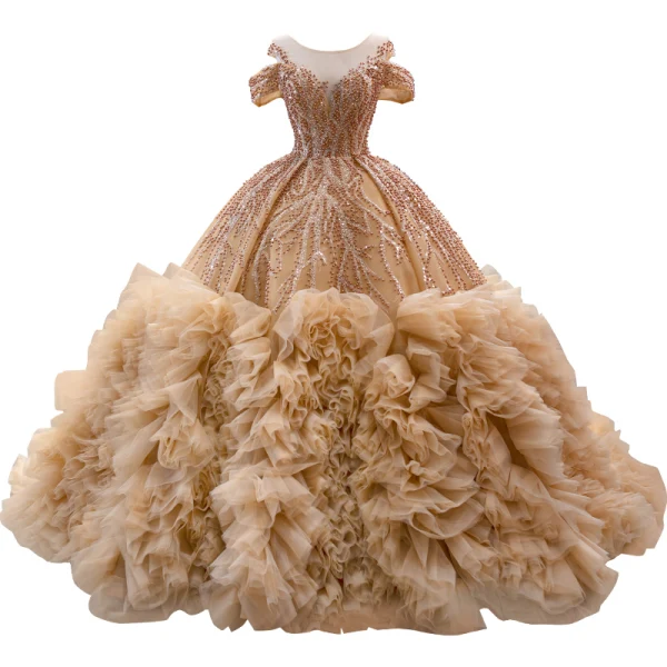 Luxe Champagne Fait main Perlage Perle Paillettes Volants en Cascade Robe De Bal 2023 Robe Boule Encolure Dégagée Manches Courtes Chapel Train Promo Robe De Ceremonie