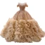 Luxe Champagne Fait main Perlage Perle Paillettes Volants en Cascade Robe De Bal 2023 Robe Boule Encolure Dégagée Manches Courtes Chapel Train Promo Robe De Ceremonie