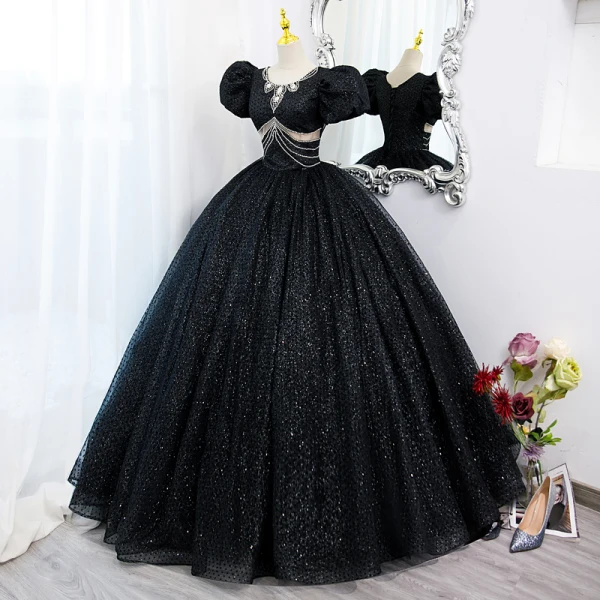 Élégant Noire Perle Faux Diamant Paillettes Robe De Bal Longue 2022 Robe Boule Encolure Dégagée Gonflée Manches Courtes Dos Nu Promo Robe De Ceremonie