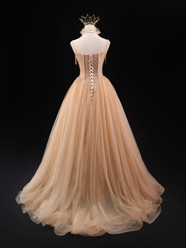 Charming Khaki Beading Prom Dresses 2024 Ball Gown High Neck Sleeveless Backless Sweep Train Prom Formal Dresses