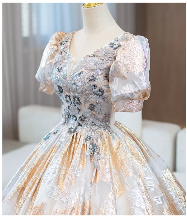 Elegant Rhinestone Sequins Lace Flower Gold Prom Dresses 2024 Ball Gown V-Neck Short Sleeve Backless Floor-Length / Long Formal Dresses