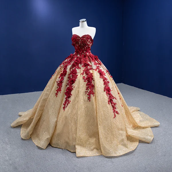 High-end Burgundy Beading Pearl Sequins Lace Flower Appliques Prom Dresses 2022 Ball Gown Strapless Sleeveless Backless Chapel Train