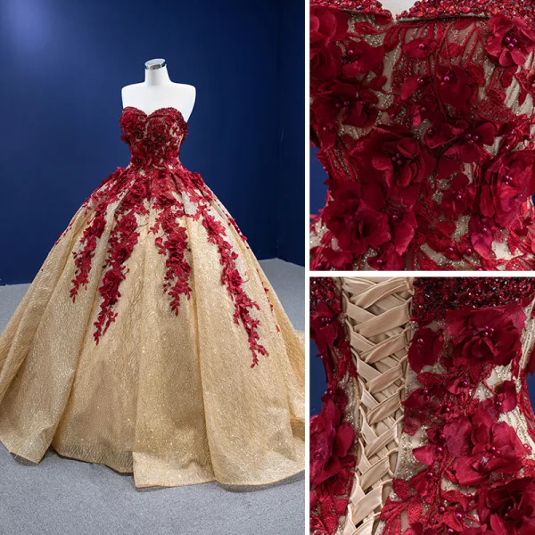 High-end Burgundy Beading Pearl Sequins Lace Flower Appliques Prom Dresses 2022 Ball Gown Strapless Sleeveless Backless Chapel Train