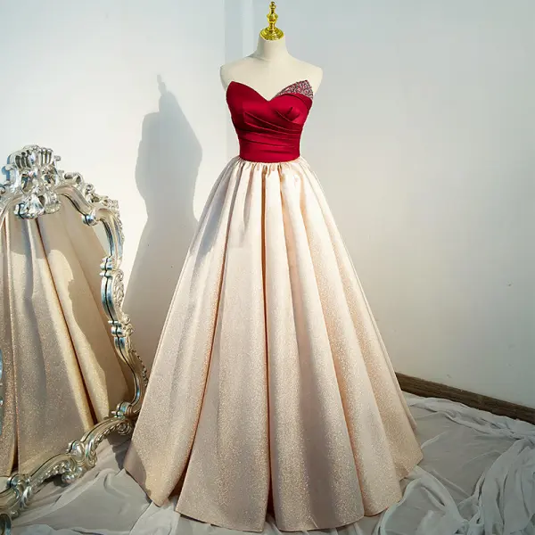 Vintage / Retro Classic Burgundy Satin Prom Dresses 2022 A-Line / Princess Sequins Strapless Sleeveless Backless Prom Floor-Length / Long Formal Dresses