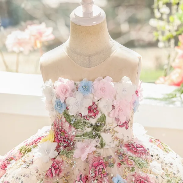 Chic / Beautiful White Beading Pearl Sequins Appliques Birthday Flower Girl Dresses 2025 Ball Gown Scoop Neck Sleeveless Backless Floor-Length / Long