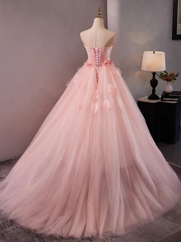 Chic / Belle Rougissant Rose Noeud Appliques Robe De Bal 2024 Robe Boule Bustier Sans Manches Dos Nu Train De Balayage Promo Robe De Ceremonie