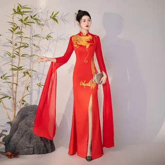 Chinese Style Red Embroidered Split Front Evening Party Cheongsam 2025 Trumpet Mermaid High Neck Long Sleeve Floor Length Long Cheongsam Qipao