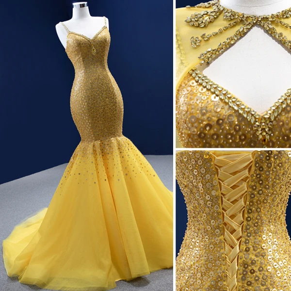 High-end Sparkly Yellow Beading Rhinestone Sequins Prom Dresses 2022 Trumpet / Mermaid With Cloak Spaghetti Straps Sleeveless Backless Court Train Formal Dresses