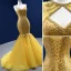 High-end Sparkly Yellow Beading Rhinestone Sequins Prom Dresses 2022 Trumpet / Mermaid With Cloak Spaghetti Straps Sleeveless Backless Court Train Formal Dresses
