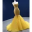 High-end Sparkly Yellow Beading Rhinestone Sequins Prom Dresses 2022 Trumpet / Mermaid With Cloak Spaghetti Straps Sleeveless Backless Court Train Formal Dresses
