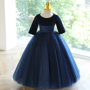 Vintage Retro Navy Blue Sequins Birthday Flower Girl Dresses 2023 Ball Gown Scoop Neck Bow 3 4 Sleeve Floor Length Long Flower Girl Dresses