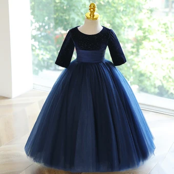 Vintage Originale Bleu Marine Paillettes Anniversaire Robe Ceremonie Fille 2023 Robe Boule Encolure Dégagée Noeud 3 4 Manches Longue Robe Ceremonie Fille