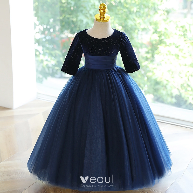 Vintage Originale Bleu Marine Paillettes Anniversaire Robe Ceremonie Fille 2023 Robe Boule Encolure Degagee Noeud 3 4 Manches Longue Robe Ceremonie Fille