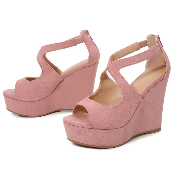 Schöne Rosa Sommer Freizeit Sandalen Damen 2022 Knöchelriemen 12 cm Keilabsatz Peeptoes Sandaletten
