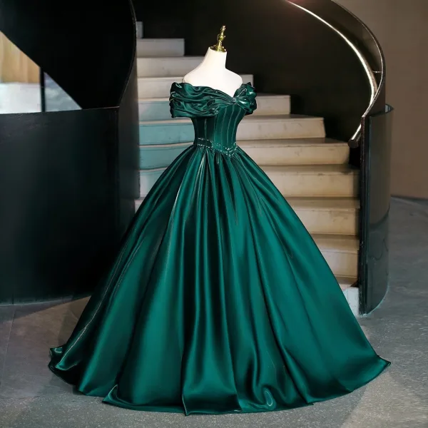 Vintage / Retro Dark Green Prom Dresses 2026 Ball Gown Off-The-Shoulder Short Sleeve Backless Floor-Length / Long Formal Dresses