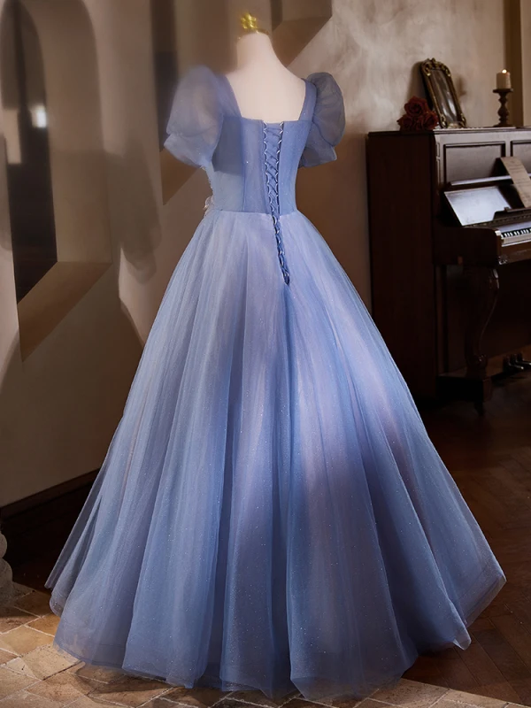 Chic / Beautiful Sky Blue Beading Pearl Appliques Prom Dresses 2024 Ball Gown Scoop Neck Puffy Short Sleeve Backless Floor-Length / Long Prom Formal Dresses
