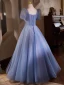 Chic / Beautiful Sky Blue Beading Pearl Appliques Prom Dresses 2024 Ball Gown Scoop Neck Puffy Short Sleeve Backless Floor-Length / Long Prom Formal Dresses