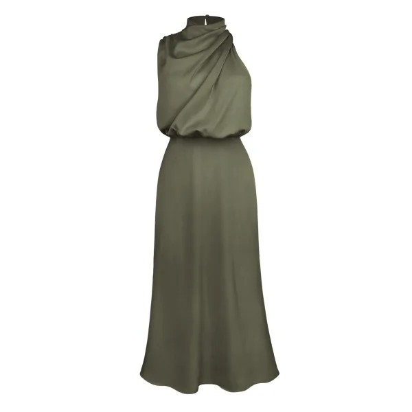 Fashion Beige Street Wear Holiday Women Dresses 2023 High Neck Tea-length Womens Clothing