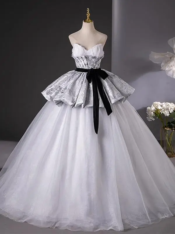 Elegant Grey Bow Sash Printing Prom Dresses 2025 Ball Gown Strapless Sleeveless Backless Floor-Length / Long Prom Formal Dresses