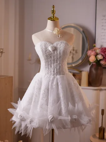 Charming White Pearl Lace Flower Short Birthday Party Dresses 2025 A Line Princess Sweetheart Sleeveless Backless Tulle Formal Dresses