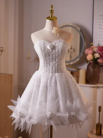 Charming White Pearl Lace Flower Short Birthday Party Dresses 2025 A Line Princess Sweetheart Sleeveless Backless Tulle Formal Dresses