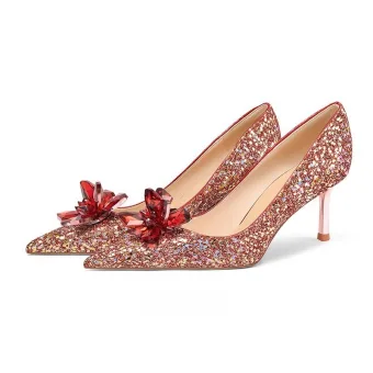 Bling Bling Red Leather Crystal Sequins Wedding Shoes 2026 8 Cm Stiletto Heels Pointed Toe Wedding Pumps High Heels