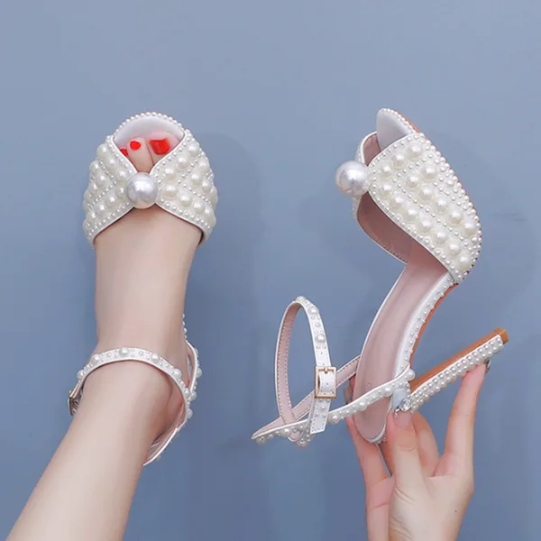 Elegant White Pearl Wedding Shoes 2024 Ankle Strap 8 cm Stiletto Heels Open / Peep Toe Wedding Sandals High Heels