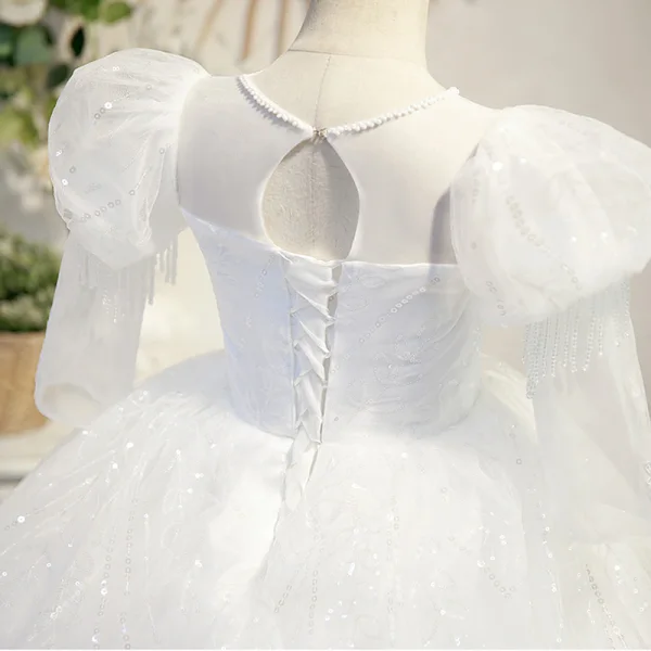 Elegant White Beading Sequins Lace Flower Birthday Flower Girl Dresses 2022 Ball Gown Scoop Neck Puffy Short Sleeve Backless Floor-Length / Long Flower Girl Dresses