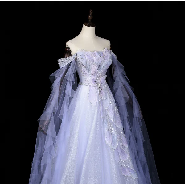 Luxe Lavande Fait main Perlage Faux Diamant Paillettes Robe De Bal 2026 Princesse De l'épaule Sans Manches Dos Nu Longue Tulle Robe De Ceremonie
