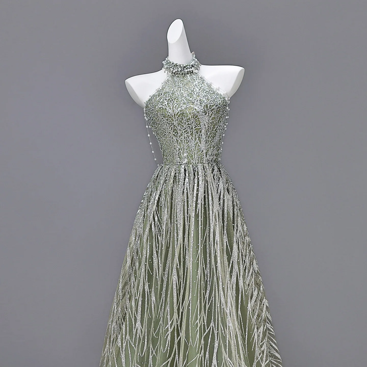 Sparkly Sexy Sage Green Beading Pearl Sequins Prom Dresses 2026 A Line  Princess High Neck Sleeveless Backless Floor Length Long Formal Dresses