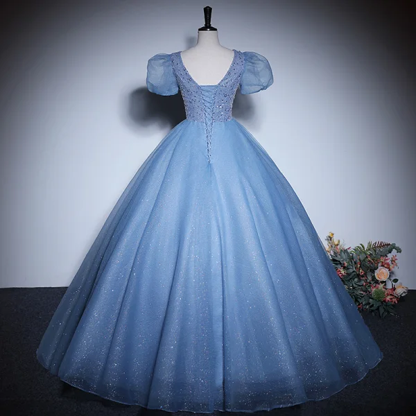Elegant Sky Blue Beading Sequins Prom Dresses 2023 Ball Gown V-Neck Short Sleeve Backless Floor-Length / Long Prom Formal Dresses