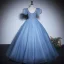 Elegant Sky Blue Beading Sequins Prom Dresses 2023 Ball Gown V-Neck Short Sleeve Backless Floor-Length / Long Prom Formal Dresses