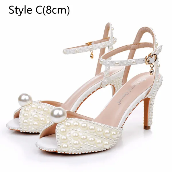 Elegant Beige Pearl Wedding Shoes 2024 11 cm Stiletto Heels Ankle Strap Open / Peep Toe Wedding Sandals High Heels