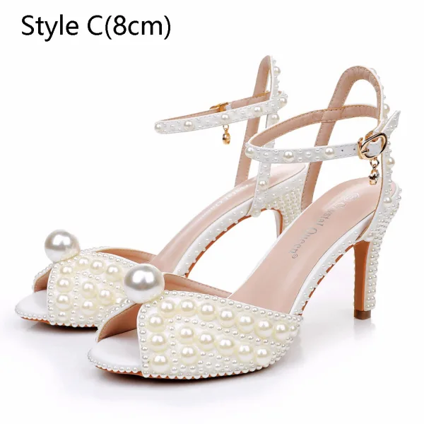 Elegant White Pearl Wedding Shoes 2024 Ankle Strap 8 cm Stiletto Heels Open / Peep Toe Wedding Sandals High Heels