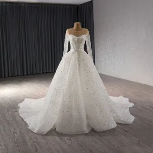 High End Hvit Håndlaget Beading Paljetter Brudekjoler 2024 Trompet Havfrue Scoop Halsen Langermede Domstol Tog Bryllup