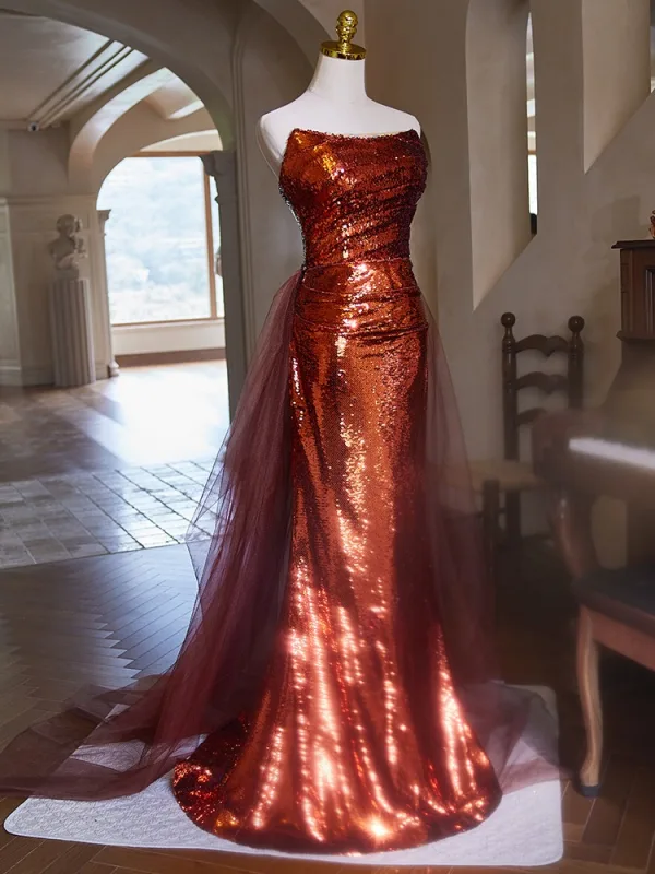Scintillantes Bordeaux Paillettes Trompette / Sirène Robe De Soirée 2024 Bustier Sans Manches Dos Nu Train De Balayage Soirée Robe De Ceremonie