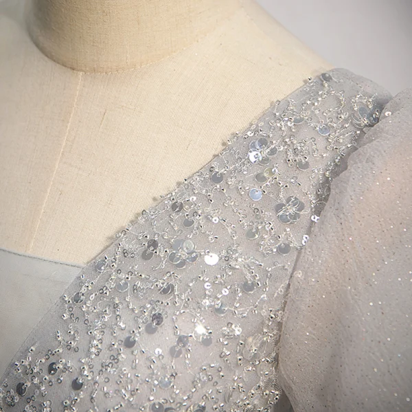Elegant Grey Beading Sequins Prom Dresses 2022 A-Line / Princess V-Neck Puffy Short Sleeve Backless Floor-Length / Long Prom Formal Dresses