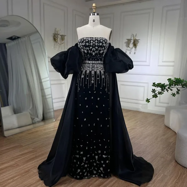 High-end Black Rhinestone Prom Dresses 2024 Empire Strapless Puffy Short Sleeve Backless Floor-Length / Long Prom Formal Dresses