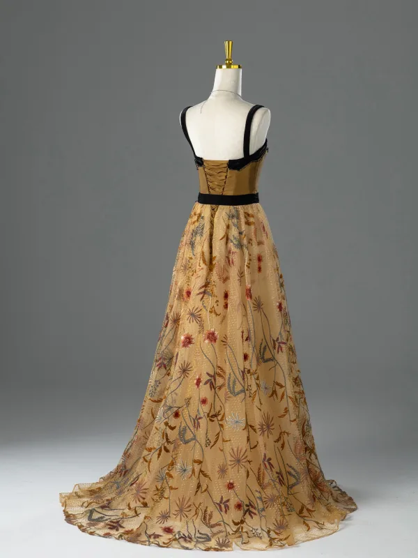 Vintage / Originale Champagne Brodé Noeud Ceinture Robe De Bal 2026 Princesse Bretelles Spaghetti Sans Manches Dos Nu Train De Balayage Robe De Ceremonie