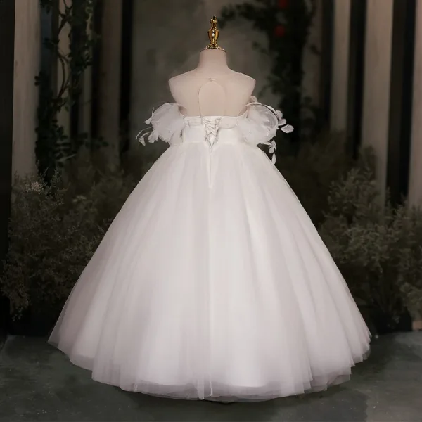 Elegant White Pearl Birthday Flower Girl Dresses 2024 Ball Gown Scoop Neck Short Sleeve Backless Floor-Length / Long Tulle