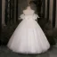 Elegant White Pearl Birthday Flower Girl Dresses 2024 Ball Gown Scoop Neck Short Sleeve Backless Floor-Length / Long Tulle
