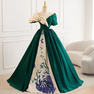 Vintage Retro Dark Green Beading Lace Flower Prom Dresses 2025 Ball Gown Scoop Neck Short Sleeve Backless Floor Length Long Formal Dresses