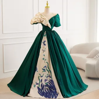 Vintage Retro Dark Green Beading Lace Flower Prom Dresses 2025 Ball Gown Scoop Neck Short Sleeve Backless Floor Length Long Formal Dresses