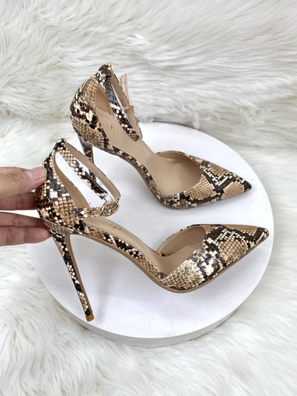 Fashion Brown Snakeskin Print Evening Party Womens Sandals 2023 Ankle Strap 12 cm Stiletto Heels Pointed Toe Sandals High Heels