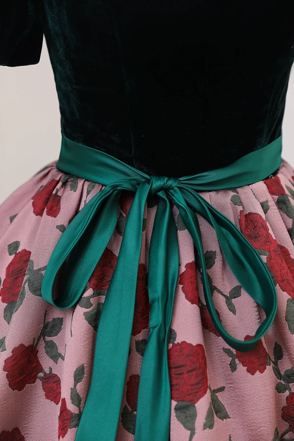 Chic / Belle Vert Foncé Impression Robe De Bal 2022 Robe Boule Encolure Carrée Manches Courtes Dos Nu Noeud Ceinture Longue Promo Robe De Ceremonie
