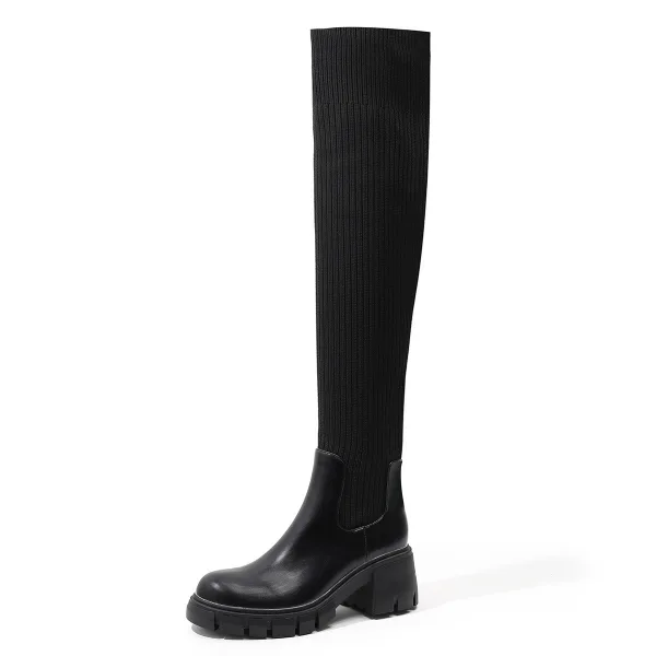 Fashion Brown Fall Winter Street Wear Sock Boots 2023 6 cm Thick Heels Round Toe Womens Boots